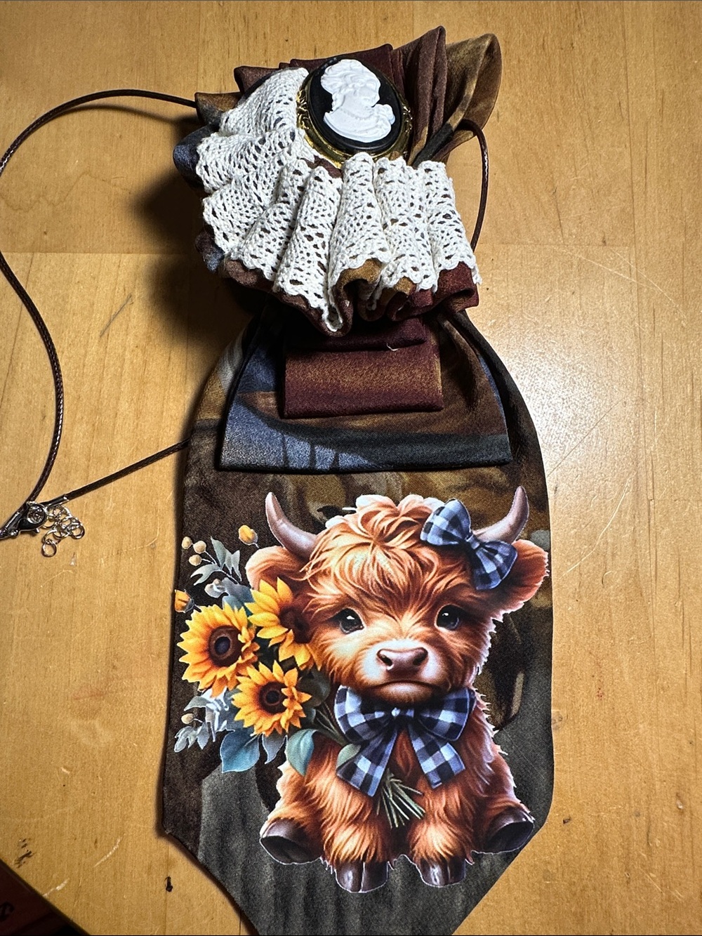 J. Garcia Brown Necklace Tie with Sunflower Highland Calf Print